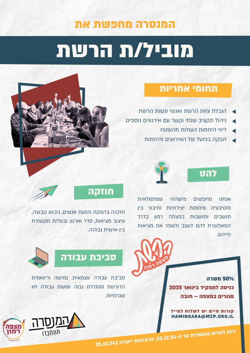 המנסרה מחפשת את מוביל/ת הרשת: תחומי אחריות: הובלת צוות הרשת ואנשי ונשות הרשת, ניהול תקציב שנתי וקשר עם אירגונים נוספים. ליווי היוזמות העולות מהשטח. הפקה בפועל של האירועים והיוזמות. להט: אנחנו מחפשים מישהו/י שמתמלא/ת מוטיבציה מיוזמות יצירתיות וחיבור בין תושבים ותושבות במצפה רמון בדרך המאפשרת להם לעצב ולשפר את מציאות חייהם. חוזקה: חזק/ה בהפקה והנעת אנשים, גיבוש קבוצה, עיצוב מציאות, סדר וארגון ובעל/ת תקשורת בין-אישית גבוהה. סביבת עבודה: סביבת עבודה עצמאית, גמישה ודינאמית הדורשת סטנדרט גבוה ושעות עבודה לא שגרתיות. 50% משרה, כניסה לתפקיד בינואר 2025, קורות חיים יש לשלוח ל: HAMINSARA@MZP.ORG.IL ניתן להגיש מועמדות עד ה-22.12.24, הראיונות ייערכו ב25.12.24